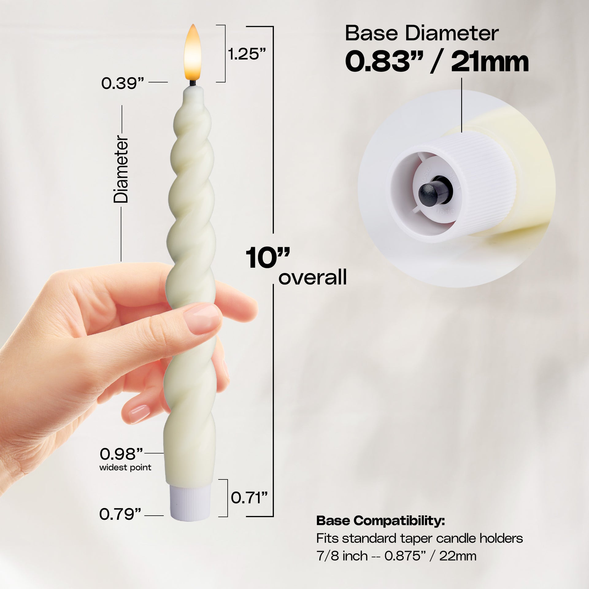 10" Flameless LED Taper Candles – Full Twisted Spiral – Remote, 2/4/6/8-Hr Timer (24-hr Memory), Bottom On/Off Button, Dimmable, Battery Operated, Flicker/Steady - West Ivory LED Lighting 