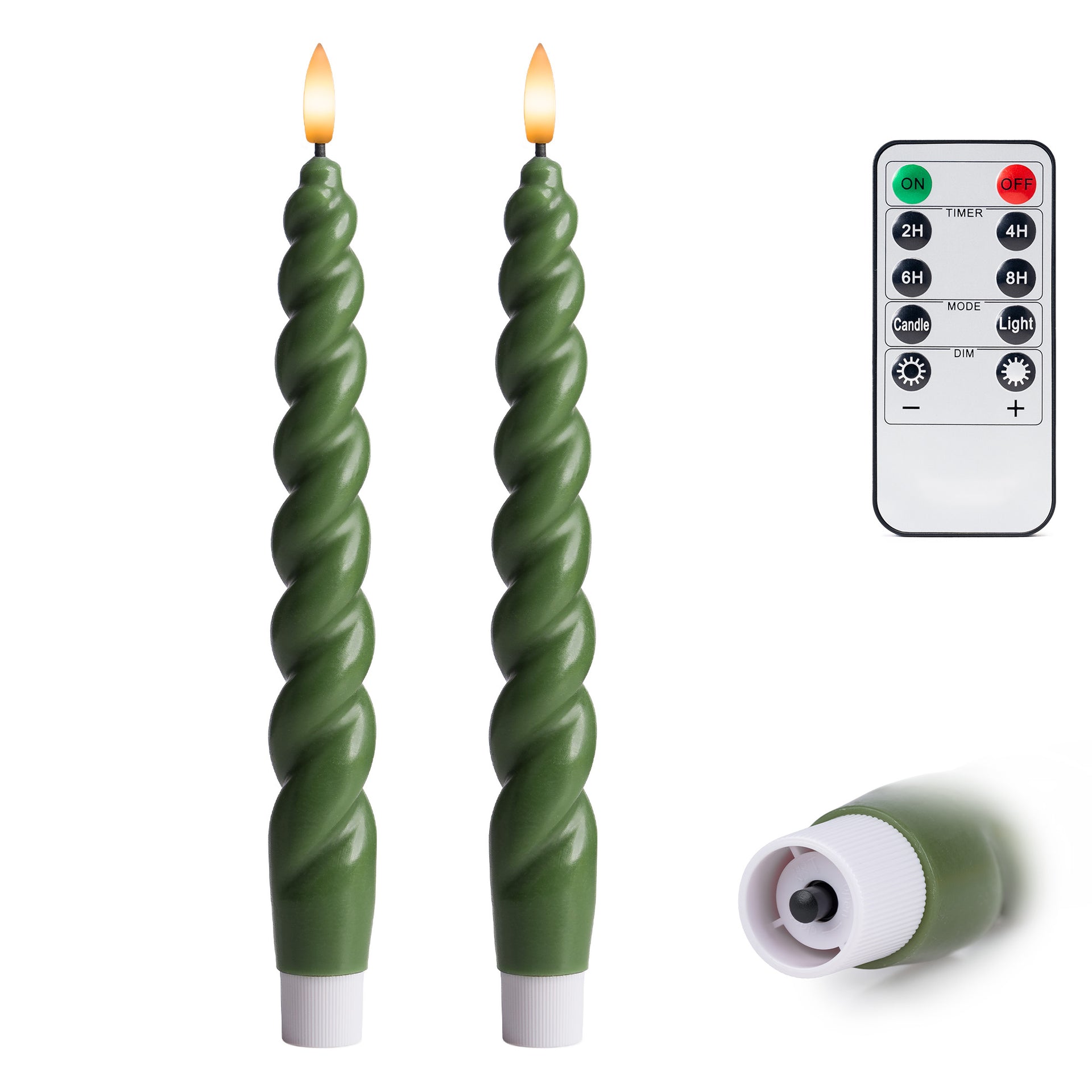 10" Flameless LED Taper Candles – Full Twisted Spiral – Remote, 2/4/6/8-Hr Timer (24-hr Memory), Bottom On/Off Button, Dimmable, Battery Operated, Flicker/Steady - West Ivory LED Lighting 