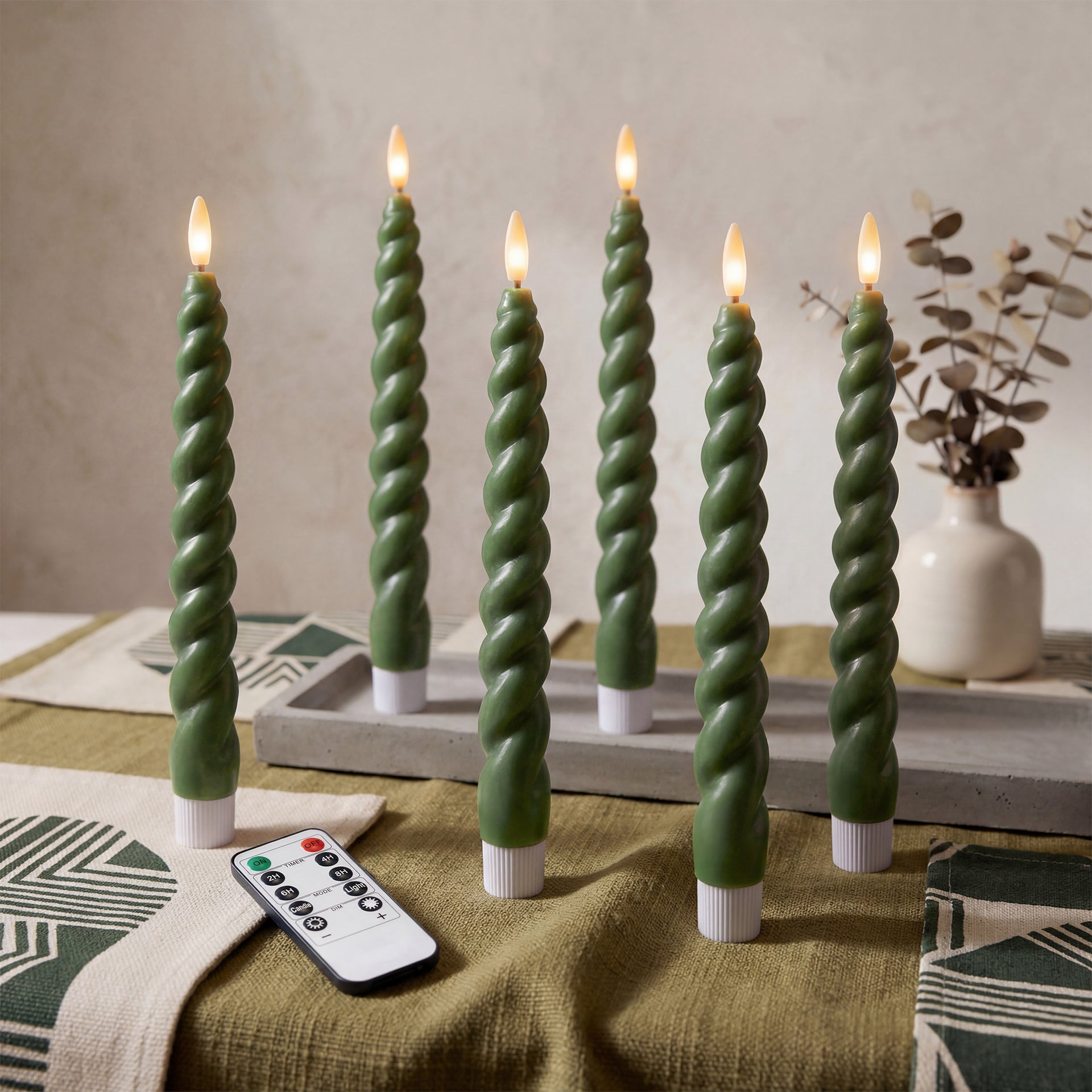 10" Flameless LED Taper Candles – Full Twisted Spiral – Remote, 2/4/6/8-Hr Timer (24-hr Memory), Bottom On/Off Button, Dimmable, Battery Operated, Flicker/Steady - West Ivory LED Lighting 