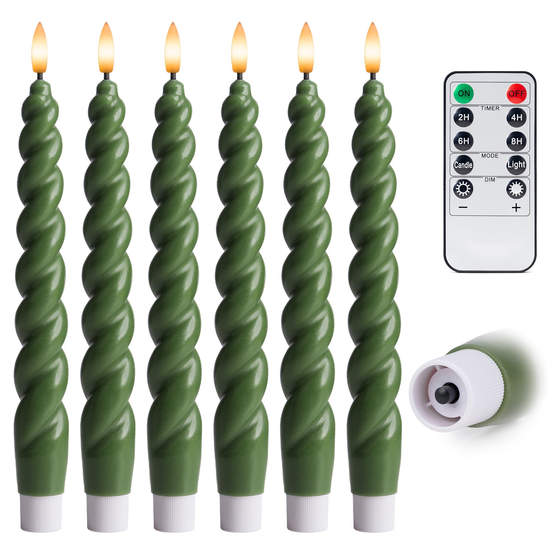 10" Flameless LED Taper Candles – Full Twisted Spiral – Remote, 2/4/6/8-Hr Timer (24-hr Memory), Bottom On/Off Button, Dimmable, Battery Operated, Flicker/Steady - West Ivory LED Lighting 