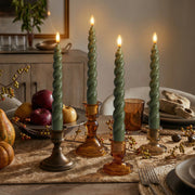 10" Flameless LED Taper Candles – Full Twisted Spiral – Remote, 2/4/6/8-Hr Timer (24-hr Memory), Bottom On/Off Button, Dimmable, Battery Operated, Flicker/Steady - West Ivory LED Lighting 