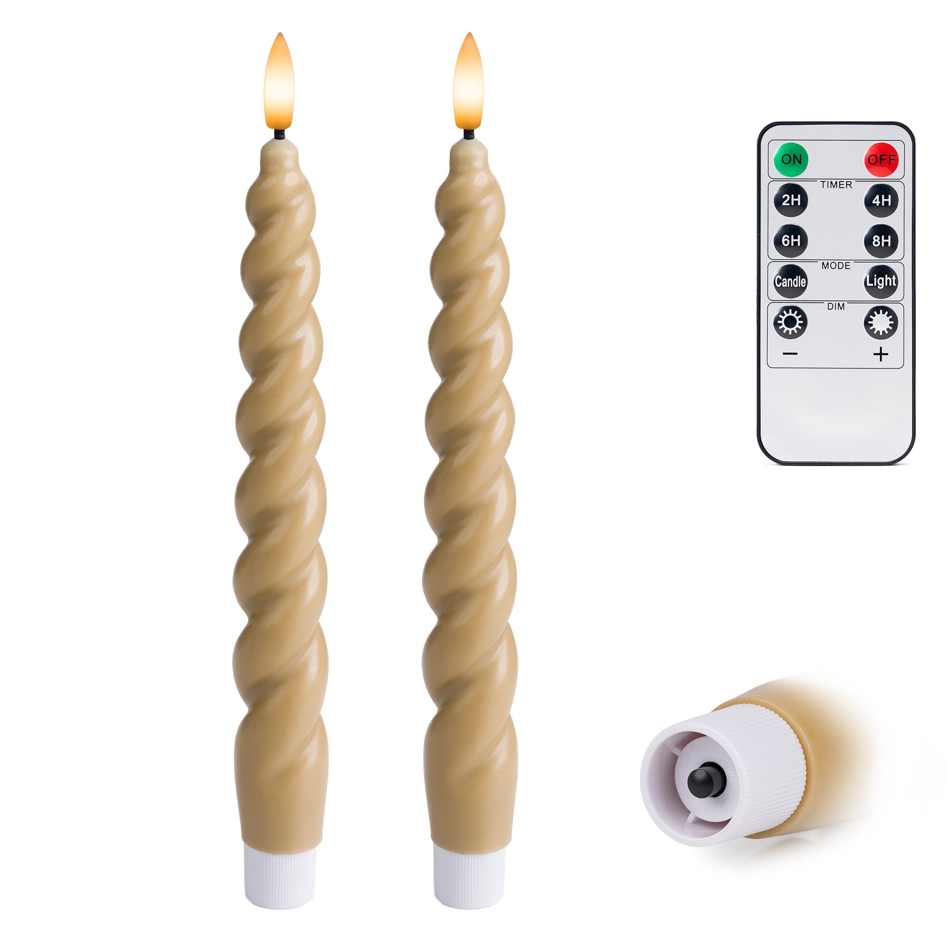 10" Flameless LED Taper Candles – Full Twisted Spiral – Remote, 2/4/6/8-Hr Timer (24-hr Memory), Bottom On/Off Button, Dimmable, Battery Operated, Flicker/Steady - West Ivory LED Lighting 