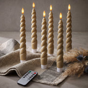 10" Flameless LED Taper Candles – Full Twisted Spiral – Remote, 2/4/6/8-Hr Timer (24-hr Memory), Bottom On/Off Button, Dimmable, Battery Operated, Flicker/Steady - West Ivory LED Lighting 