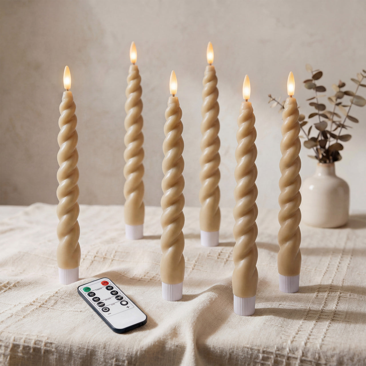 10" Flameless LED Taper Candles – Full Twisted Spiral – Remote, 2/4/6/8-Hr Timer (24-hr Memory), Bottom On/Off Button, Dimmable, Battery Operated, Flicker/Steady - West Ivory LED Lighting 