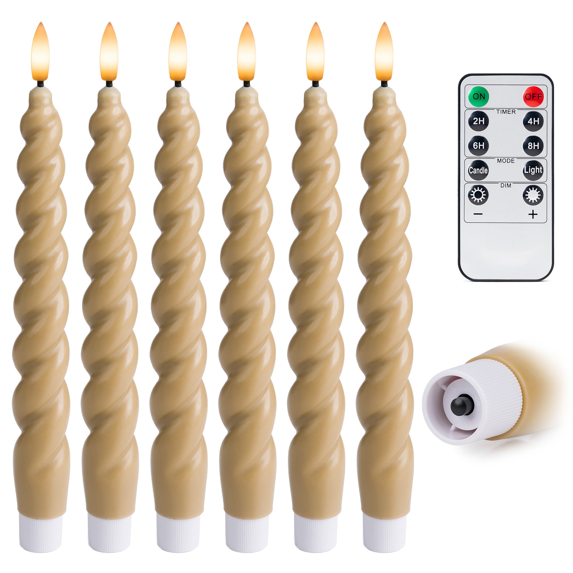 10" Flameless LED Taper Candles – Full Twisted Spiral – Remote, 2/4/6/8-Hr Timer (24-hr Memory), Bottom On/Off Button, Dimmable, Battery Operated, Flicker/Steady - West Ivory LED Lighting 