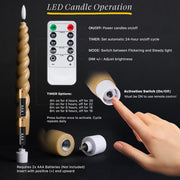 10" Flameless LED Taper Candles – Full Twisted Spiral – Remote, 2/4/6/8-Hr Timer (24-hr Memory), Bottom On/Off Button, Dimmable, Battery Operated, Flicker/Steady - West Ivory LED Lighting 