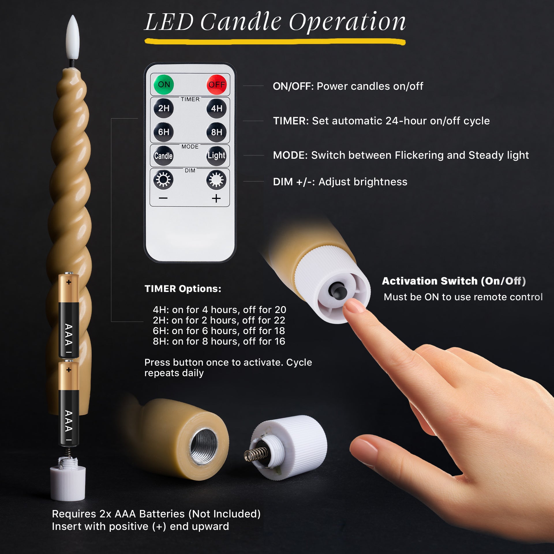 10" Flameless LED Taper Candles – Full Twisted Spiral – Remote, 2/4/6/8-Hr Timer (24-hr Memory), Bottom On/Off Button, Dimmable, Battery Operated, Flicker/Steady - West Ivory LED Lighting 