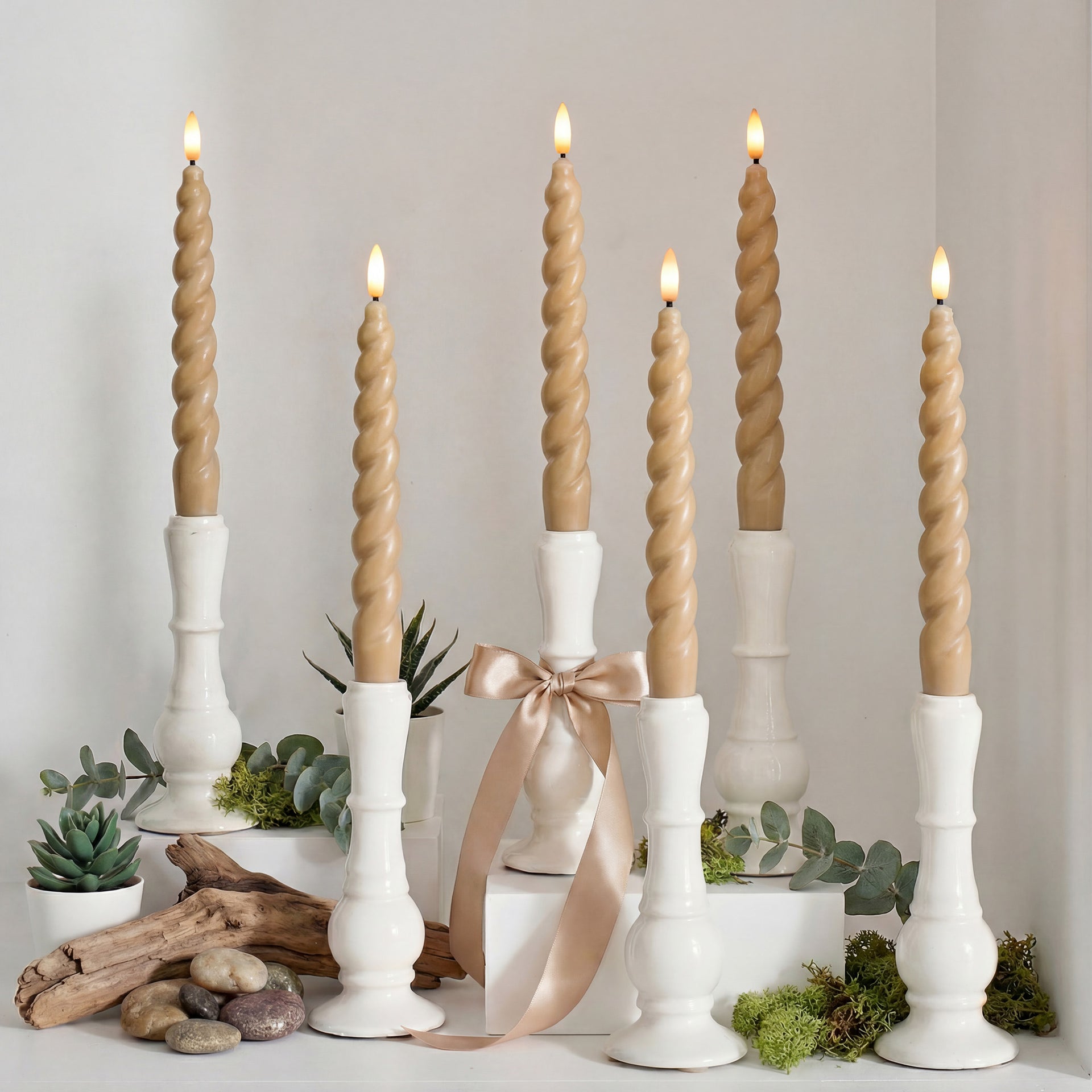10" Flameless LED Taper Candles – Full Twisted Spiral – Remote, 2/4/6/8-Hr Timer (24-hr Memory), Bottom On/Off Button, Dimmable, Battery Operated, Flicker/Steady - West Ivory LED Lighting 