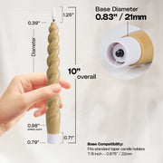 10" Flameless LED Taper Candles – Full Twisted Spiral – Remote, 2/4/6/8-Hr Timer (24-hr Memory), Bottom On/Off Button, Dimmable, Battery Operated, Flicker/Steady - West Ivory LED Lighting 