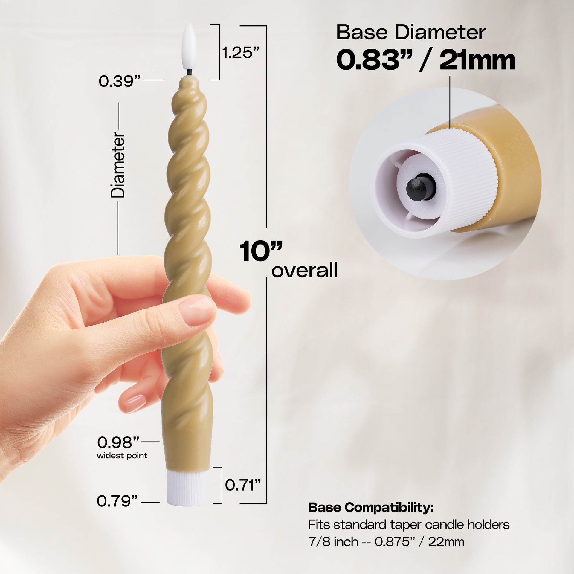 10" Flameless LED Taper Candles – Full Twisted Spiral – Remote, 2/4/6/8-Hr Timer (24-hr Memory), Bottom On/Off Button, Dimmable, Battery Operated, Flicker/Steady - West Ivory LED Lighting 