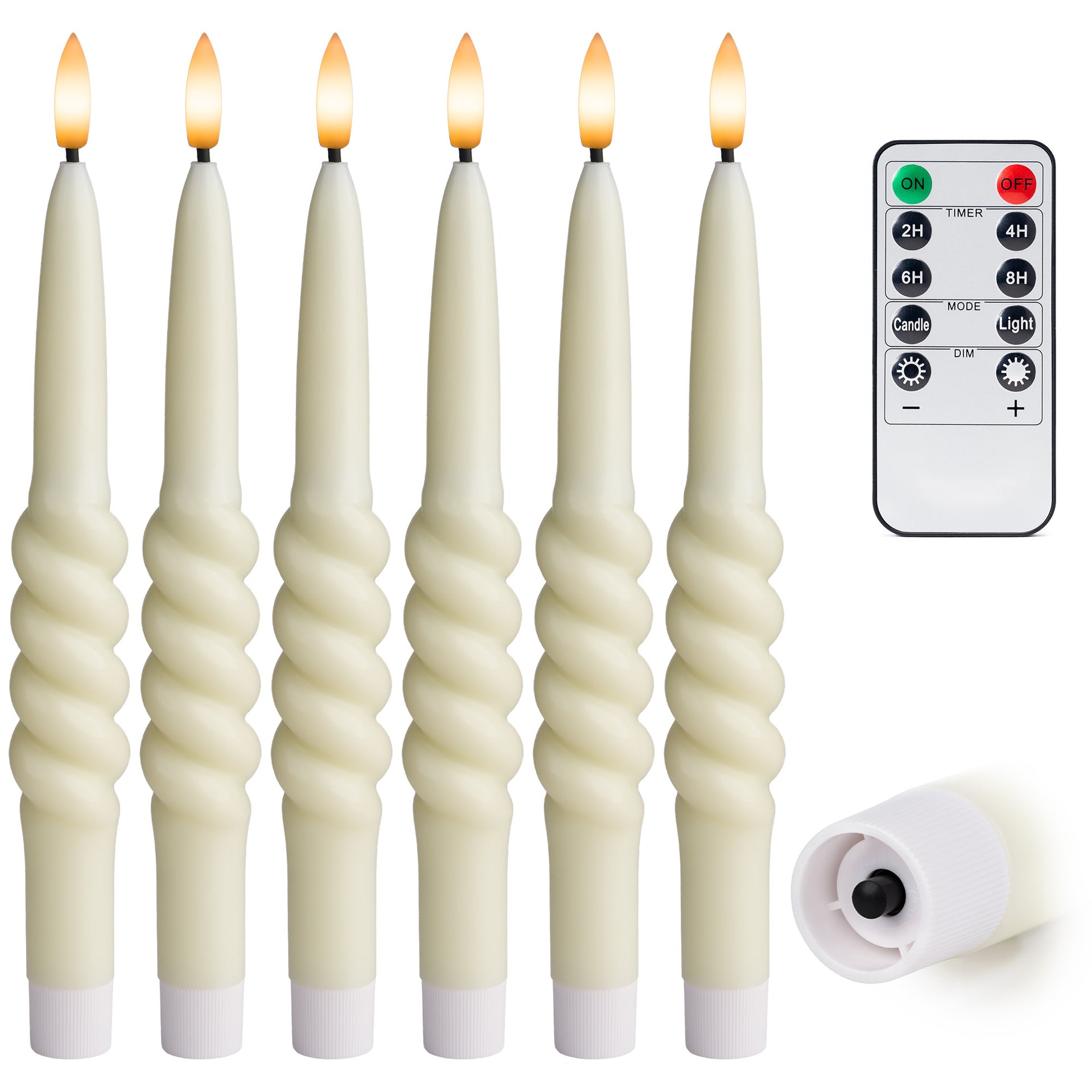 Smooth Taper with Twist Flameless LED Taper Candles 10" – Set of 6 – Remote, Dimmable, 2/4/6/8-Hr Timer (24-Hr Memory), Bottom On/Off Button, Flicker/Steady, Battery Operated - West Ivory LED Lighting 