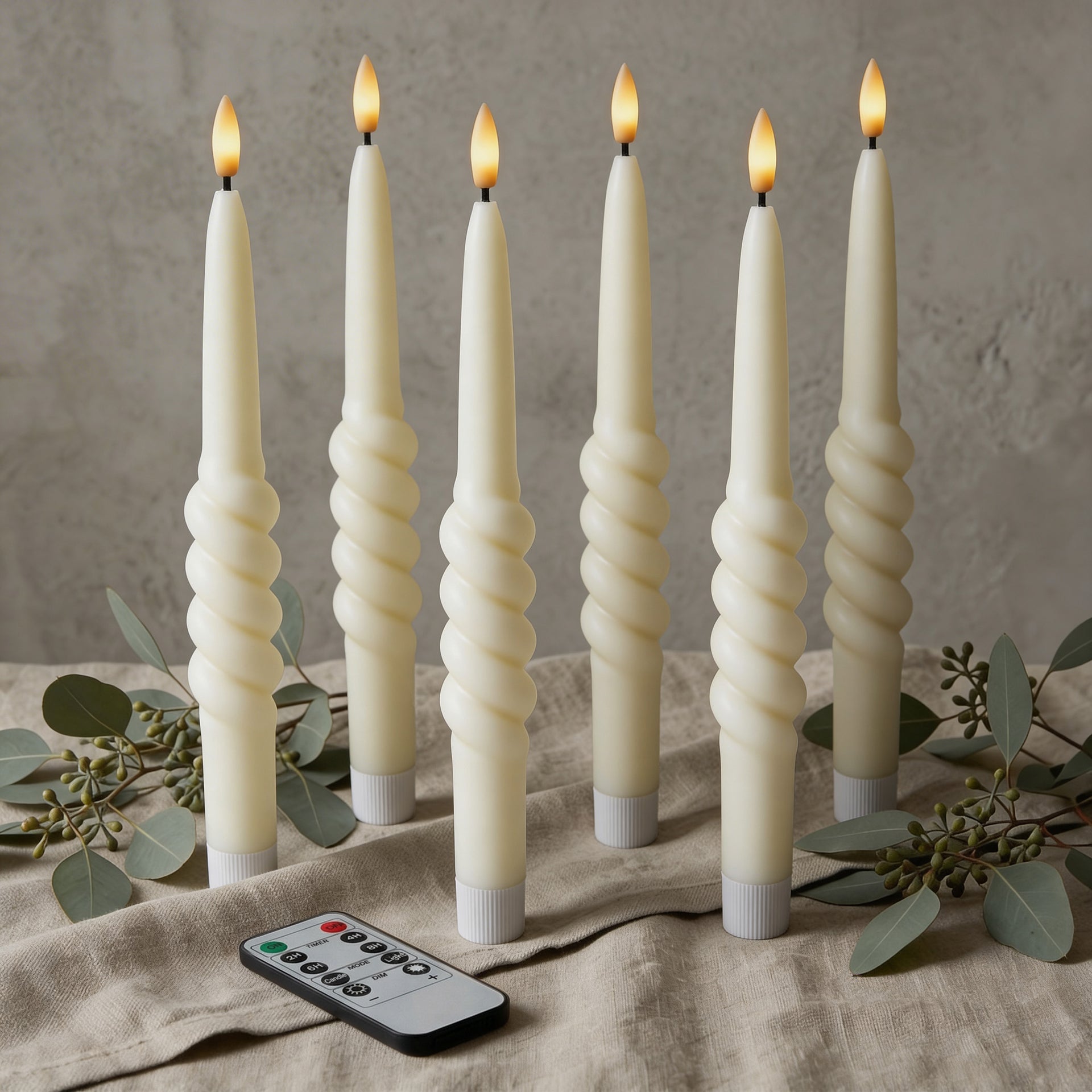 Smooth Taper with Twist Flameless LED Taper Candles 10" – Set of 6 – Remote, Dimmable, 2/4/6/8-Hr Timer (24-Hr Memory), Bottom On/Off Button, Flicker/Steady, Battery Operated - West Ivory LED Lighting 