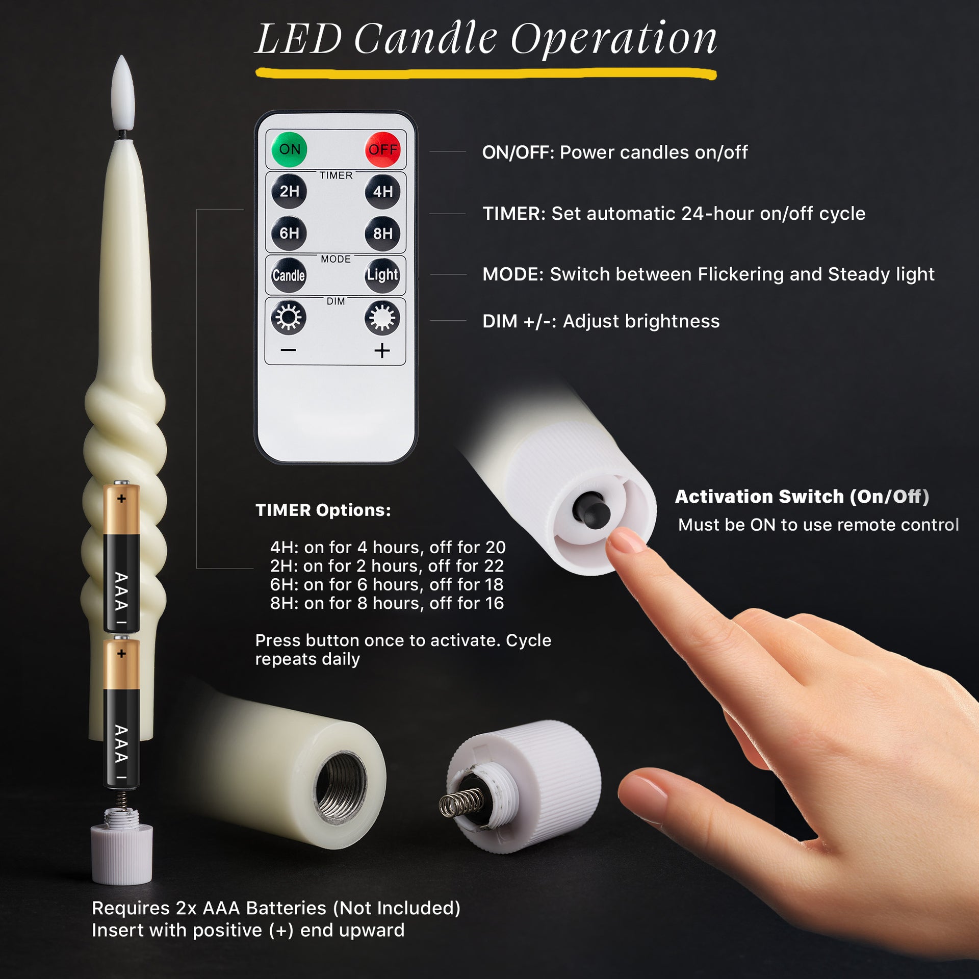 Smooth Taper with Twist Flameless LED Taper Candles 10" – Set of 6 – Remote, Dimmable, 2/4/6/8-Hr Timer (24-Hr Memory), Bottom On/Off Button, Flicker/Steady, Battery Operated - West Ivory LED Lighting 