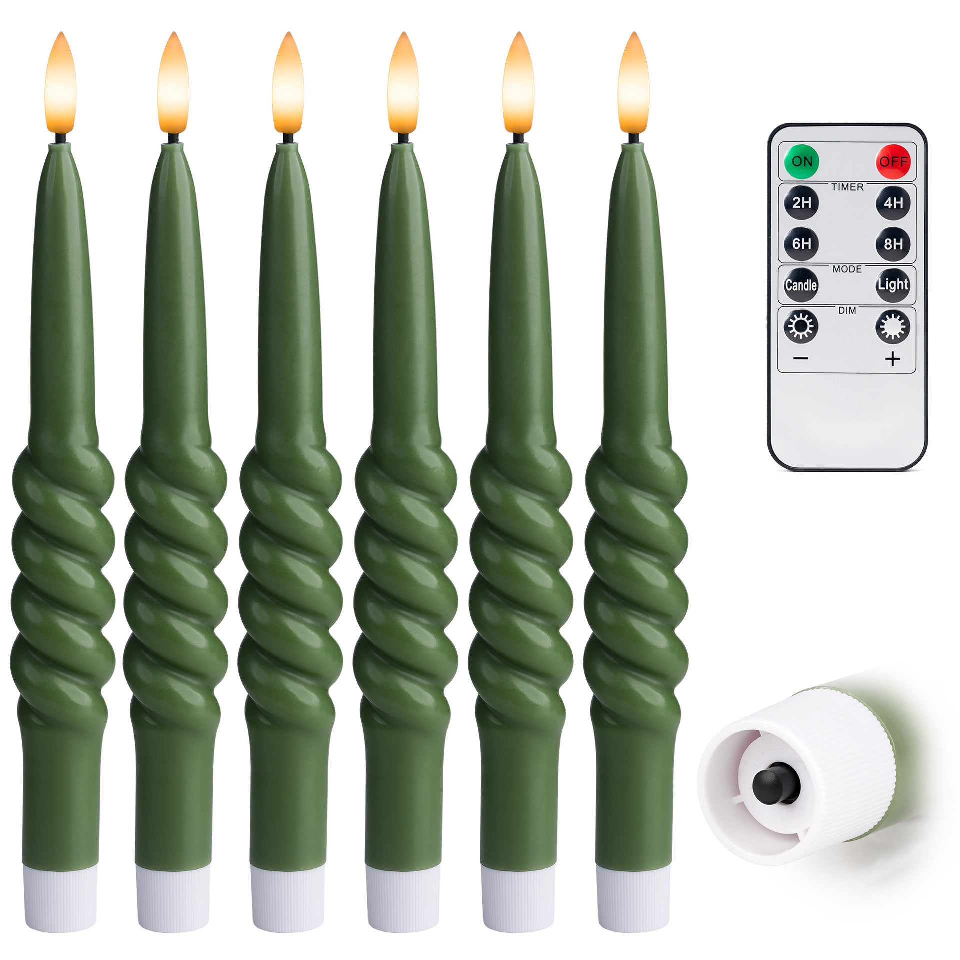 Smooth Taper with Twist Flameless LED Taper Candles 10" – Set of 6 – Remote, Dimmable, 2/4/6/8-Hr Timer (24-Hr Memory), Bottom On/Off Button, Flicker/Steady, Battery Operated - West Ivory LED Lighting 