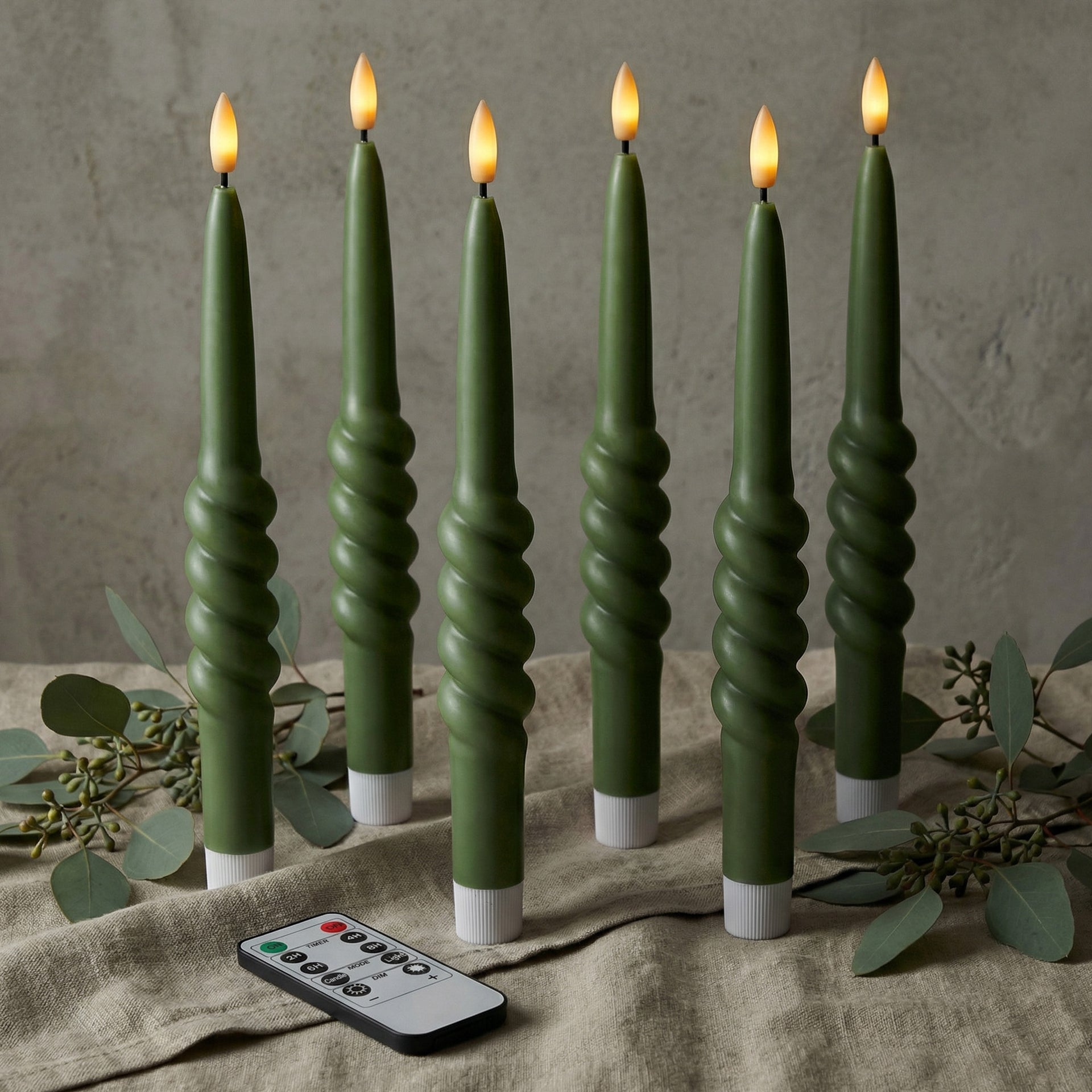 Smooth Taper with Twist Flameless LED Taper Candles 10" – Set of 6 – Remote, Dimmable, 2/4/6/8-Hr Timer (24-Hr Memory), Bottom On/Off Button, Flicker/Steady, Battery Operated - West Ivory LED Lighting 
