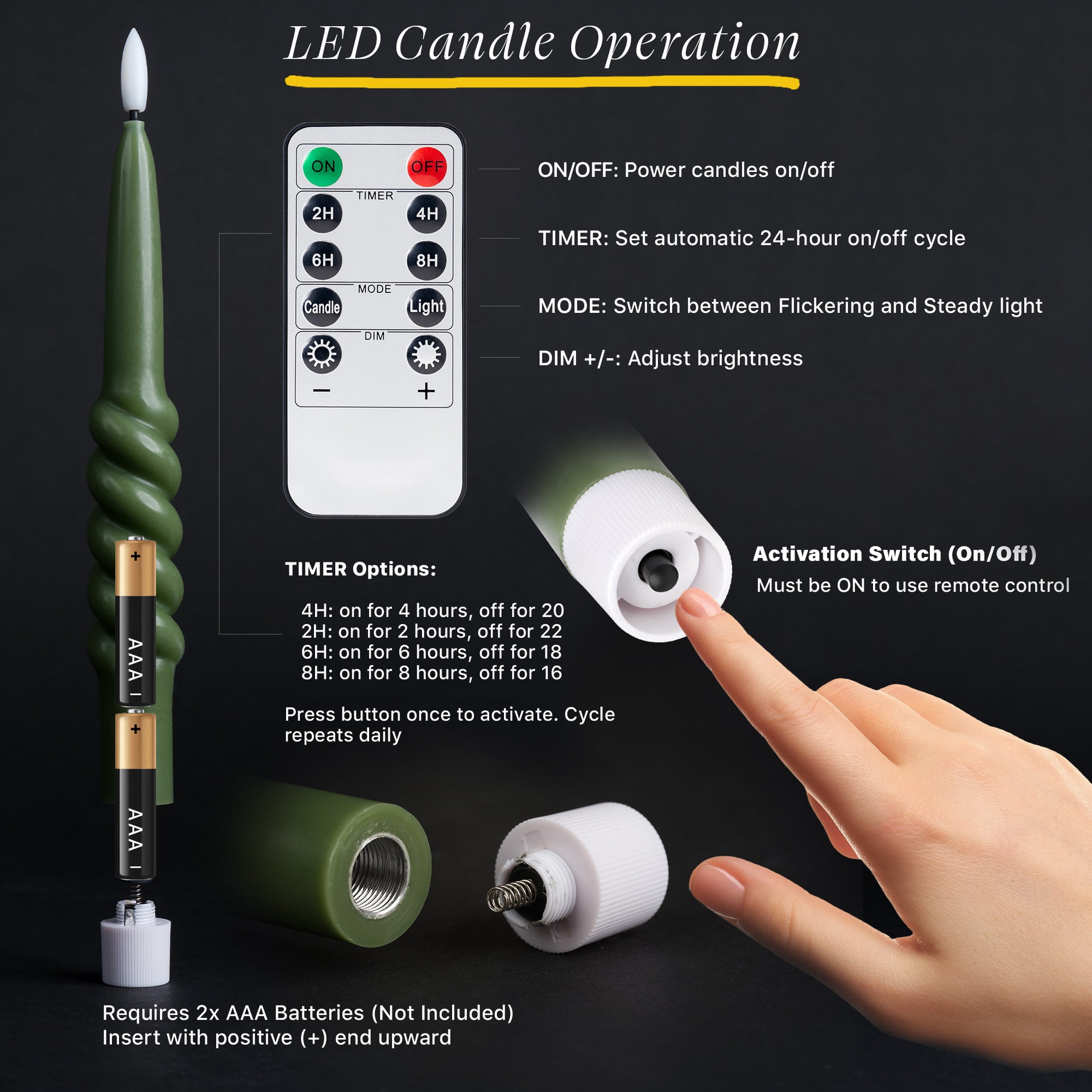 Smooth Taper with Twist Flameless LED Taper Candles 10" – Set of 6 – Remote, Dimmable, 2/4/6/8-Hr Timer (24-Hr Memory), Bottom On/Off Button, Flicker/Steady, Battery Operated - West Ivory LED Lighting 