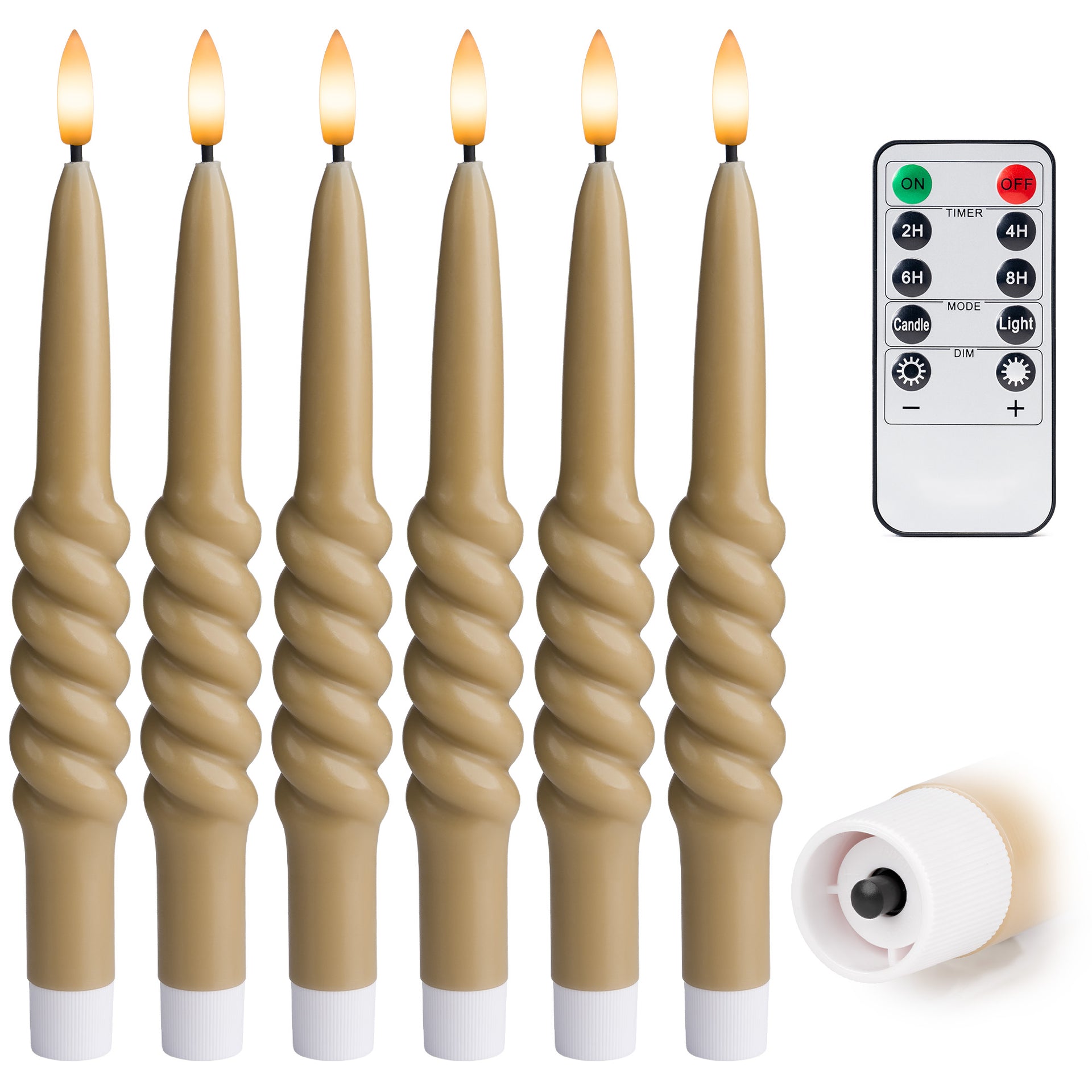 Smooth Taper with Twist Flameless LED Taper Candles 10" – Set of 6 – Remote, Dimmable, 2/4/6/8-Hr Timer (24-Hr Memory), Bottom On/Off Button, Flicker/Steady, Battery Operated - West Ivory LED Lighting 