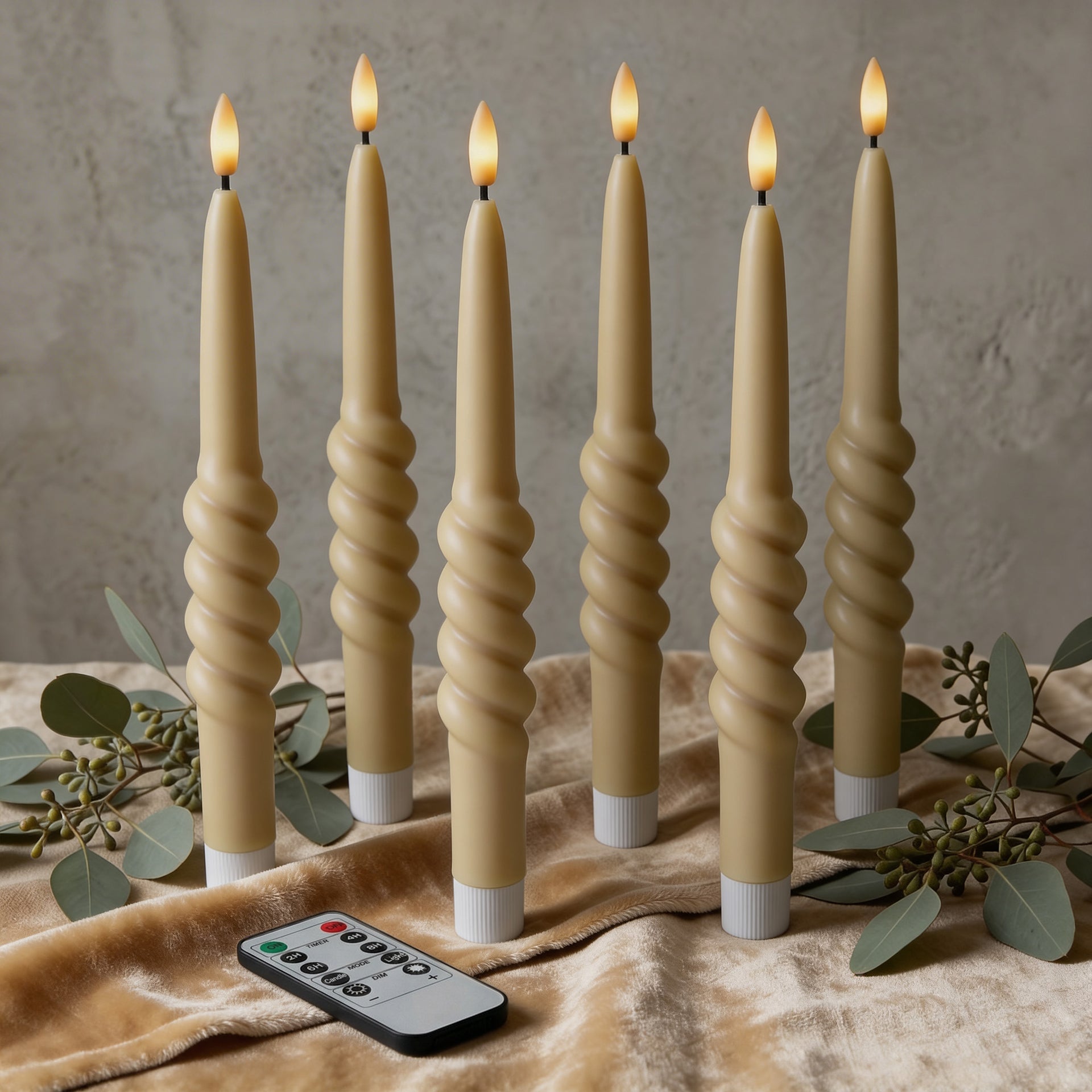 Smooth Taper with Twist Flameless LED Taper Candles 10" – Set of 6 – Remote, Dimmable, 2/4/6/8-Hr Timer (24-Hr Memory), Bottom On/Off Button, Flicker/Steady, Battery Operated - West Ivory LED Lighting 