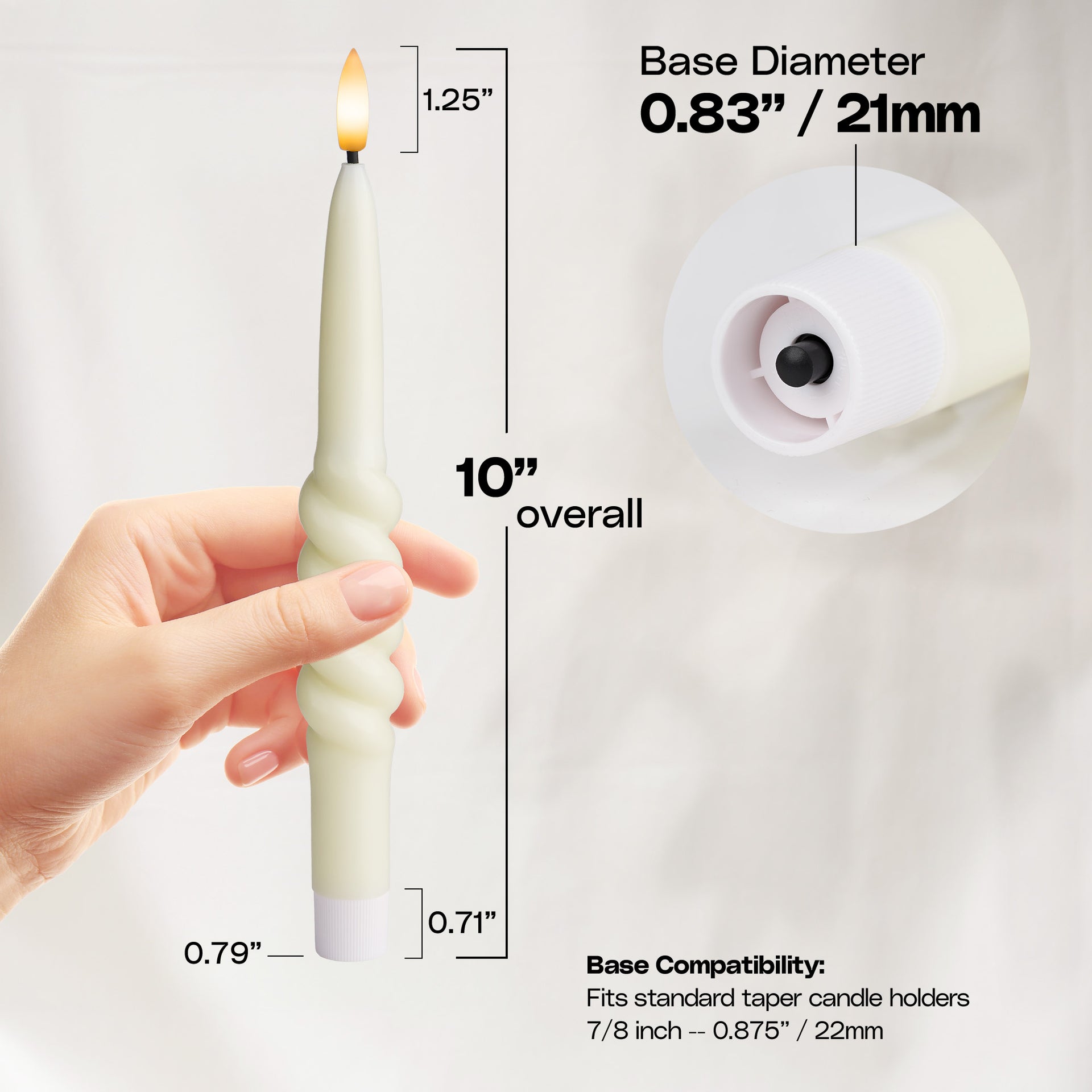 Smooth Taper with Twist Flameless LED Taper Candles 10" – Set of 6 – Remote, Dimmable, 2/4/6/8-Hr Timer (24-Hr Memory), Bottom On/Off Button, Flicker/Steady, Battery Operated - West Ivory LED Lighting 