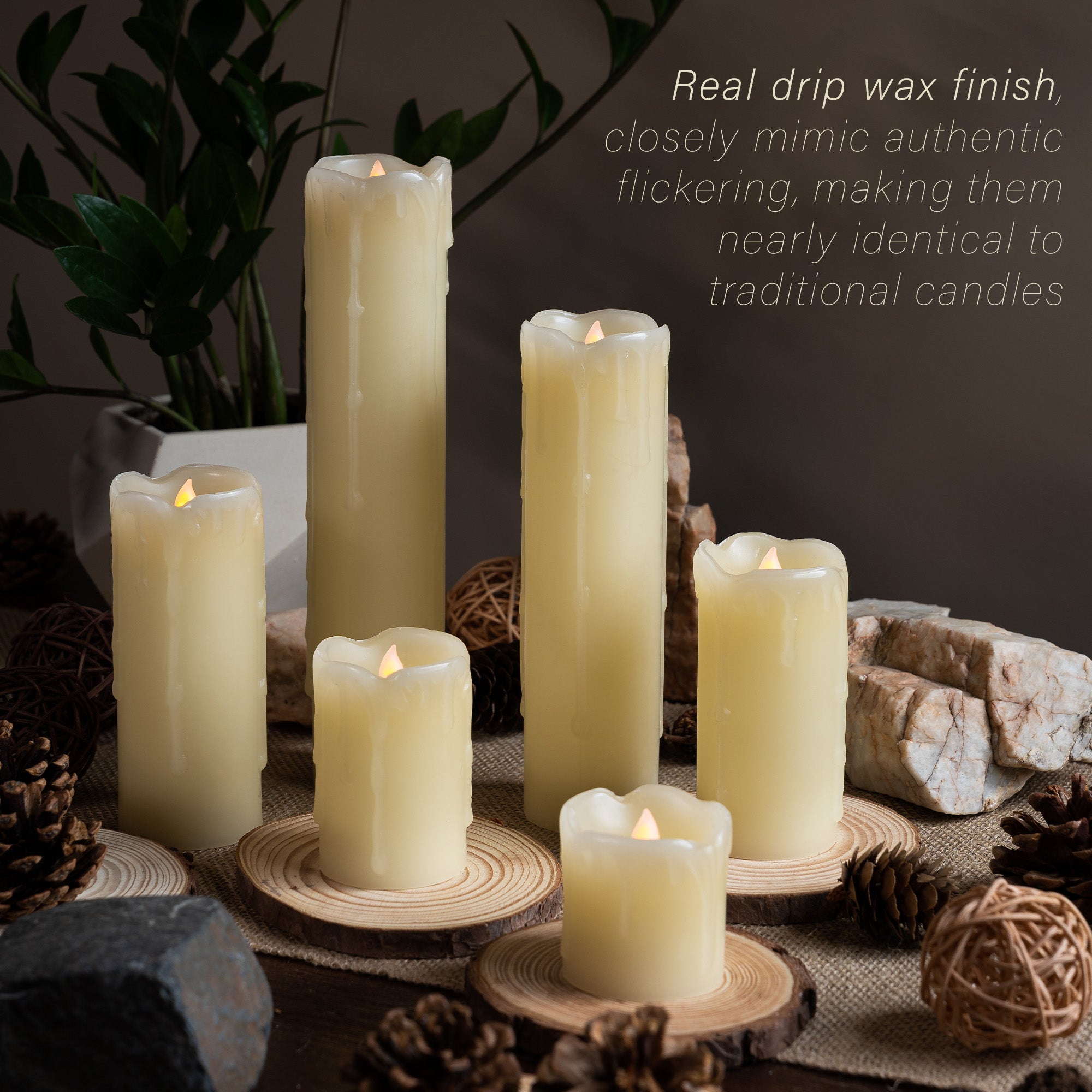 Set of 6 - LED Ivory Battery Operated Flameless Light Flickering Candl