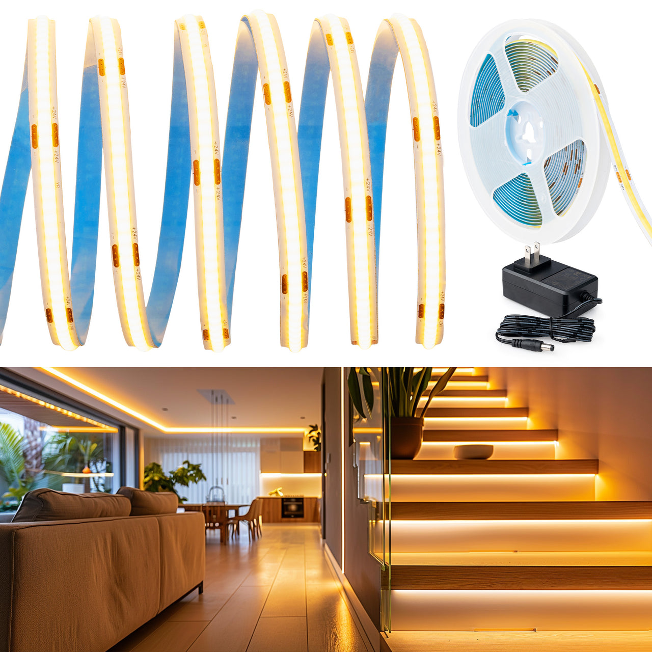 COB LED Strip Light 16.4ft/5m, CRI 90+ 3200LEDs Super Bright High Lumen Tape Light, DC24V, Cuttable, ETL Power Supply