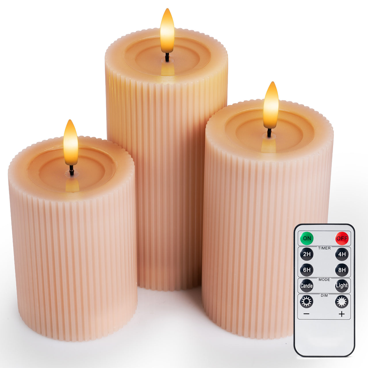 Fluted Ribbed LED Pillar Candles, with Reflective Melted-Wax Effect – Flickering Flame, Remote, Dimmable, Flameless, (Set of 3)