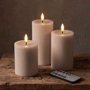 Fluted Ribbed LED Pillar Candles, with Reflective Melted-Wax Effect – Flickering Flame, Remote, Dimmable, Flameless, (Set of 3) - West Ivory LED Lighting 