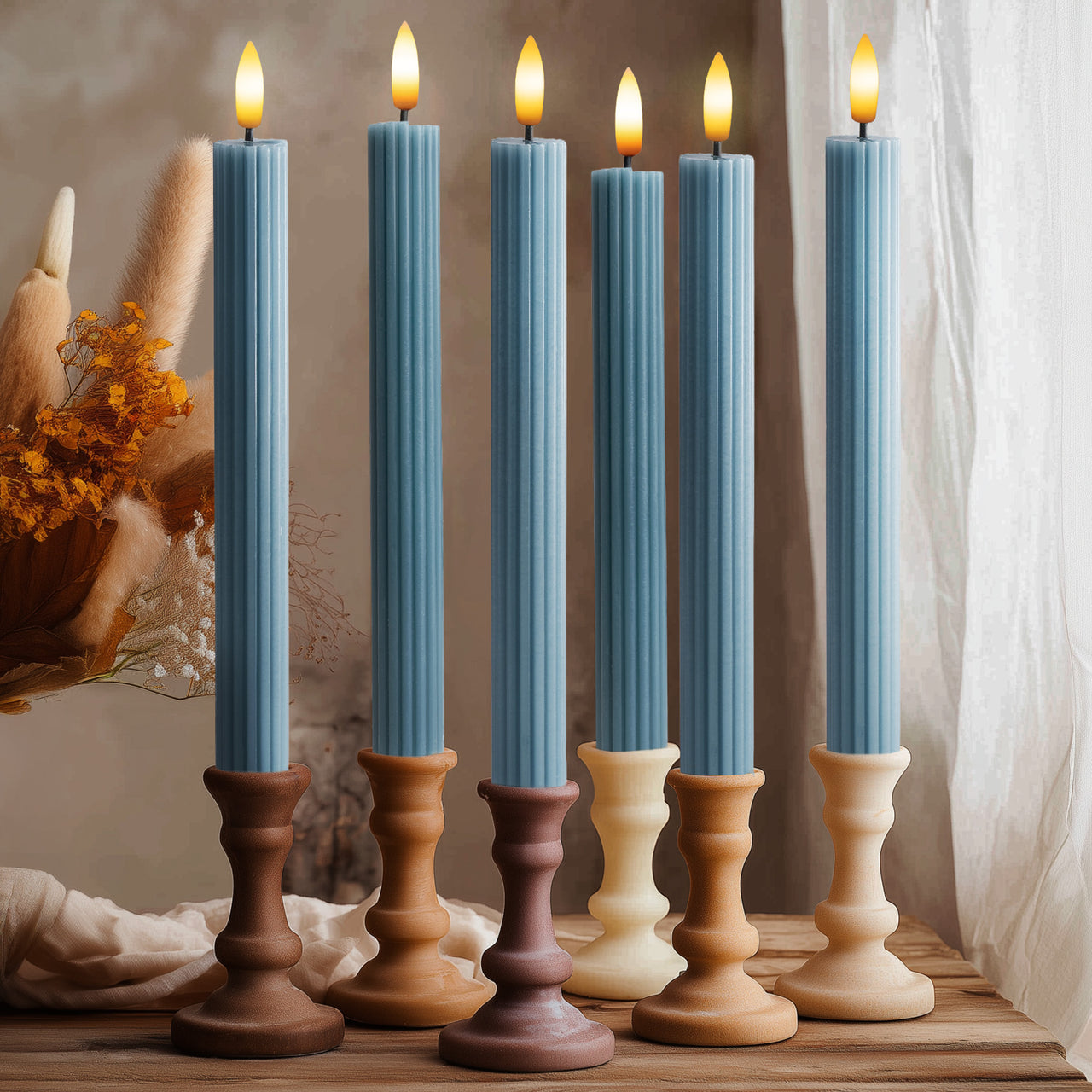 10" Fluted Ribbed LED Blue Grooved Pillar Candles, Remote & 24h Timer Memory, On/Off Switch - (6 Pack)