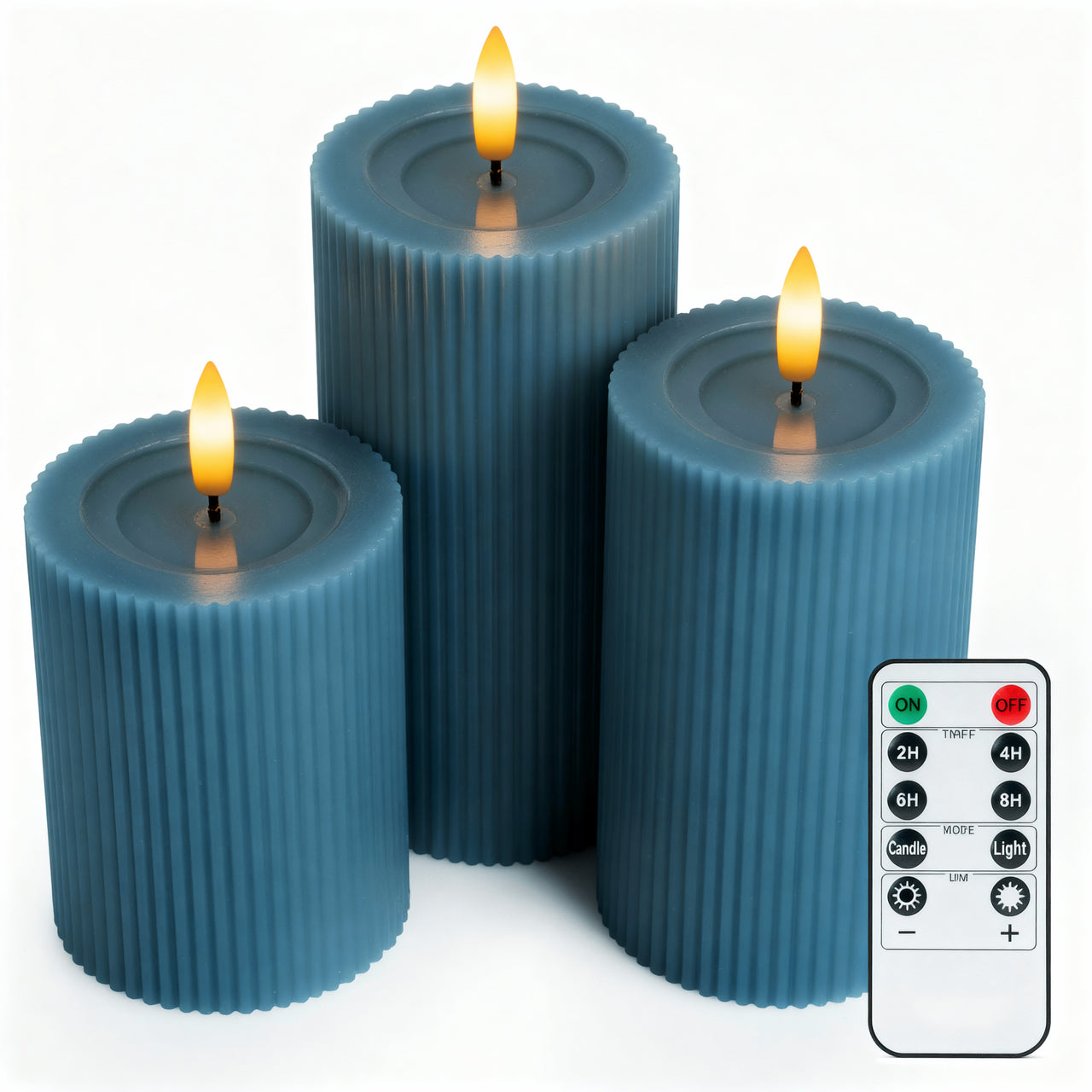 Fluted Ribbed LED Pillar Candles, with Reflective Melted-Wax Effect – Flickering Flame, Remote, Dimmable, Flameless, (Set of 3)