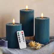 Fluted Ribbed LED Pillar Candles, with Reflective Melted-Wax Effect – Flickering Flame, Remote, Dimmable, Flameless, (Set of 3) - West Ivory LED Lighting 