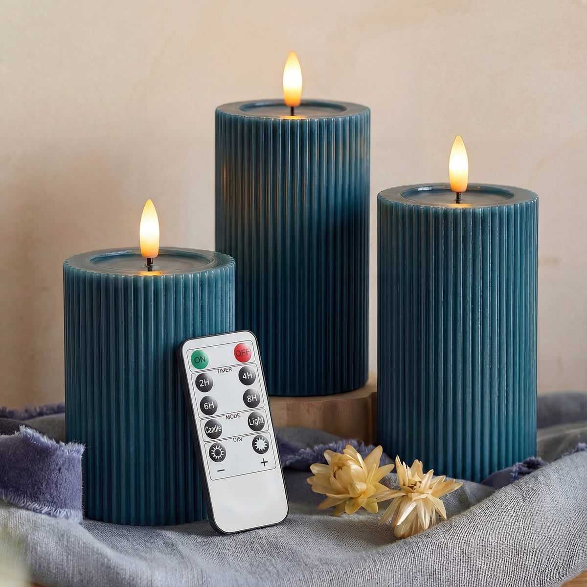 Fluted Ribbed LED Pillar Candles, with Reflective Melted-Wax Effect – Flickering Flame, Remote, Dimmable, Flameless, (Set of 3) - West Ivory LED Lighting 