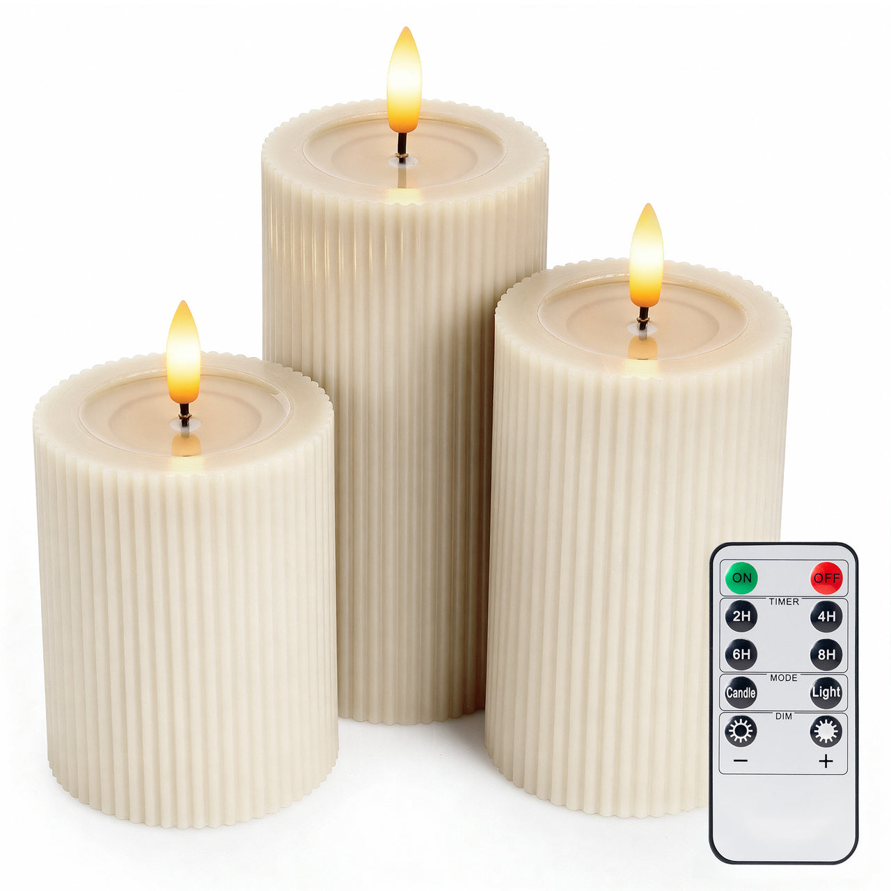 Fluted Ribbed LED Pillar Candles, with Reflective Melted-Wax Effect – Flickering Flame, Remote, Dimmable, Flameless, (Set of 3)