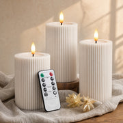 Fluted Ribbed LED Pillar Candles, with Reflective Melted-Wax Effect – Flickering Flame, Remote, Dimmable, Flameless, (Set of 3) - West Ivory LED Lighting 