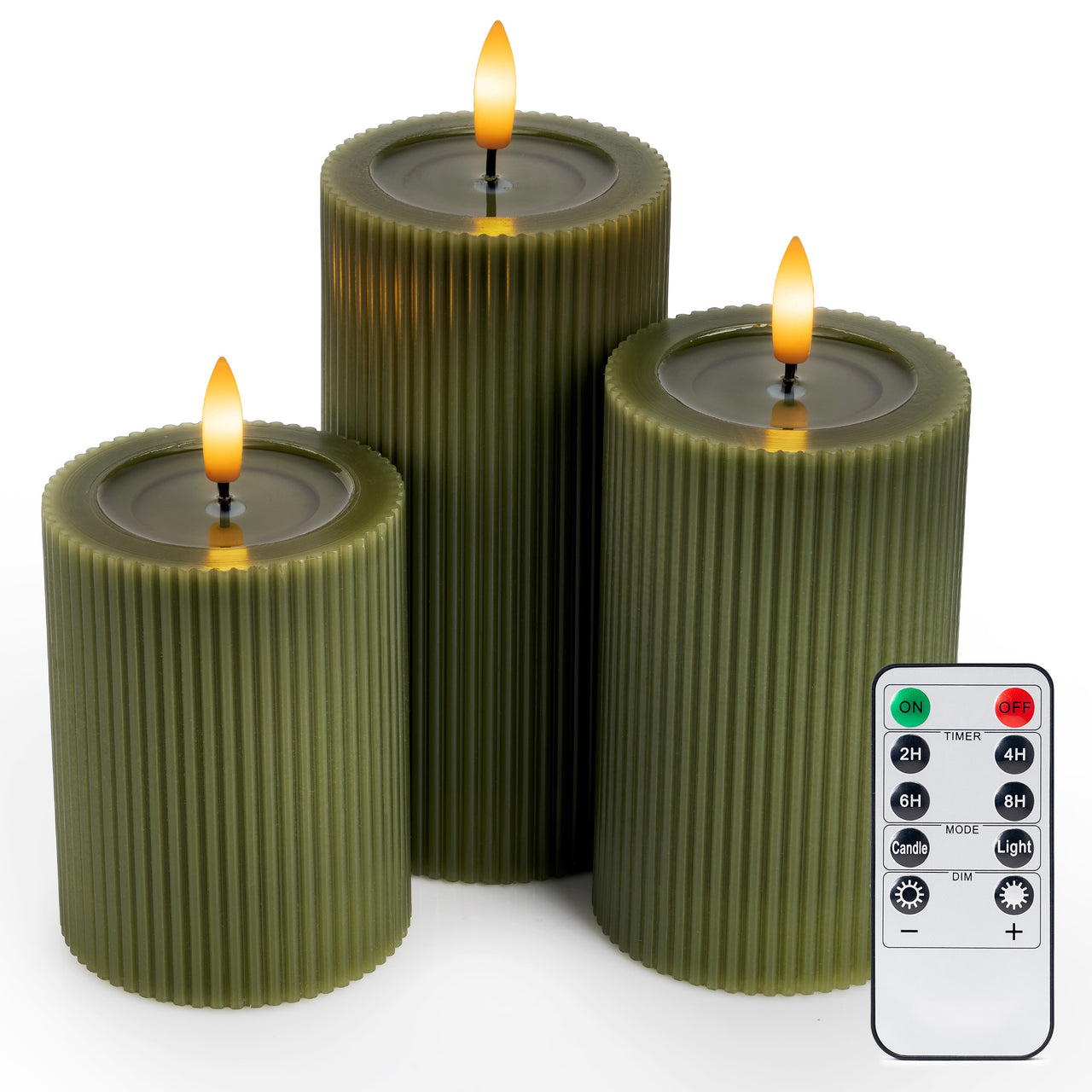 Fluted Ribbed LED Pillar Candles, with Reflective Melted-Wax Effect – Flickering Flame, Remote, Dimmable, Flameless, (Set of 3)