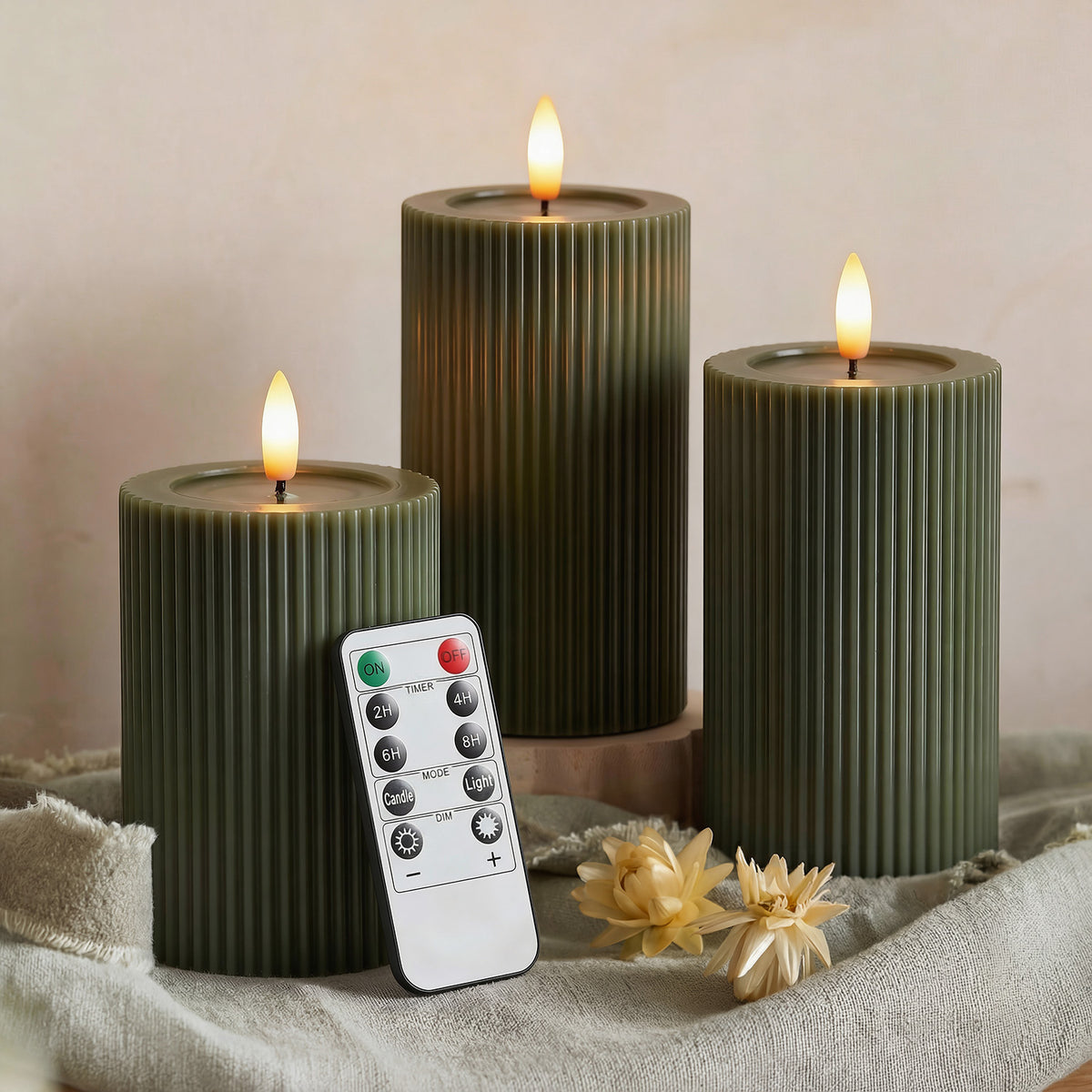 Fluted Ribbed LED Pillar Candles, with Reflective Melted-Wax Effect – Flickering Flame, Remote, Dimmable, Flameless, (Set of 3) - West Ivory LED Lighting 