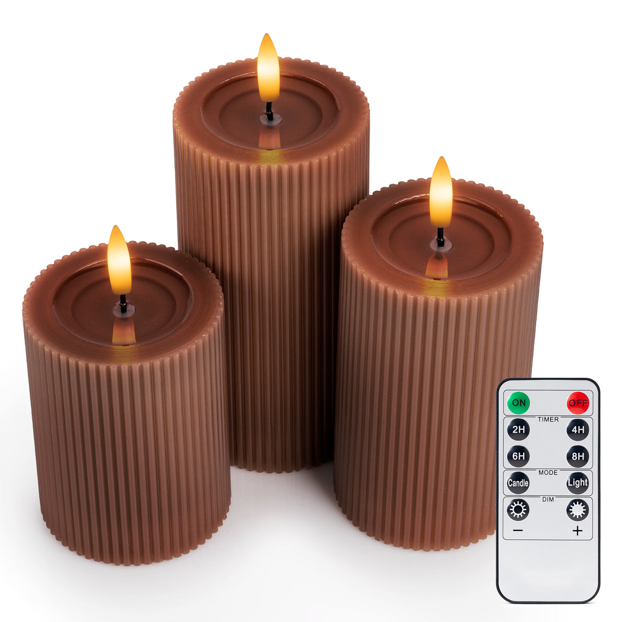 Fluted Ribbed LED Pillar Candles, with Reflective Melted-Wax Effect – Flickering Flame, Remote, Dimmable, Flameless, (Set of 3)