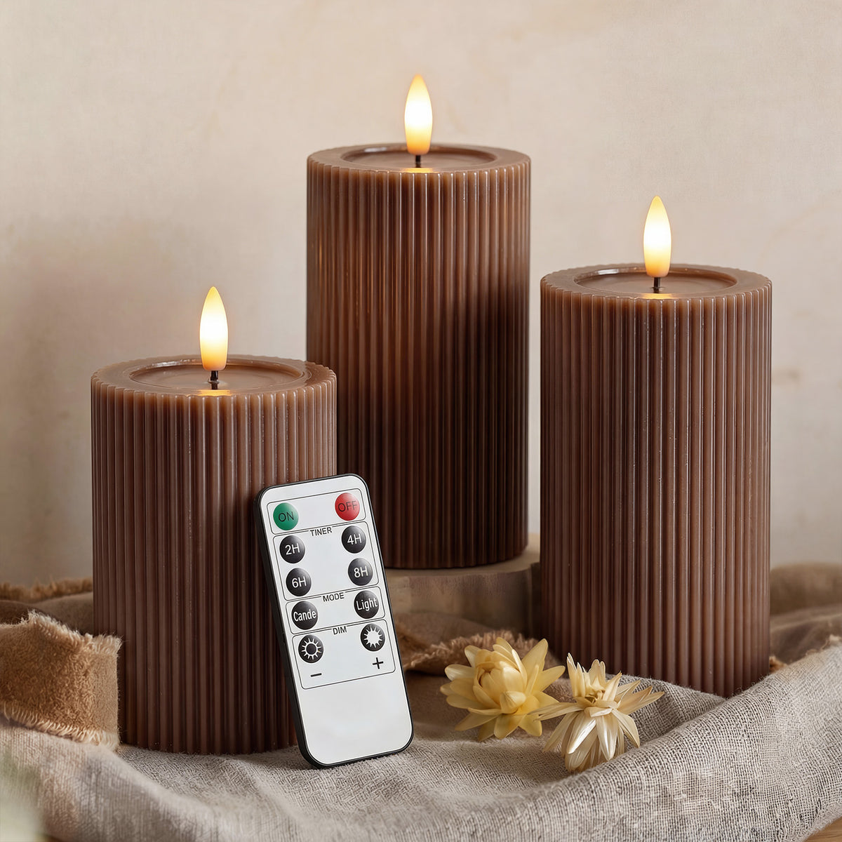 Fluted Ribbed LED Pillar Candles, with Reflective Melted-Wax Effect – Flickering Flame, Remote, Dimmable, Flameless, (Set of 3) - West Ivory LED Lighting 