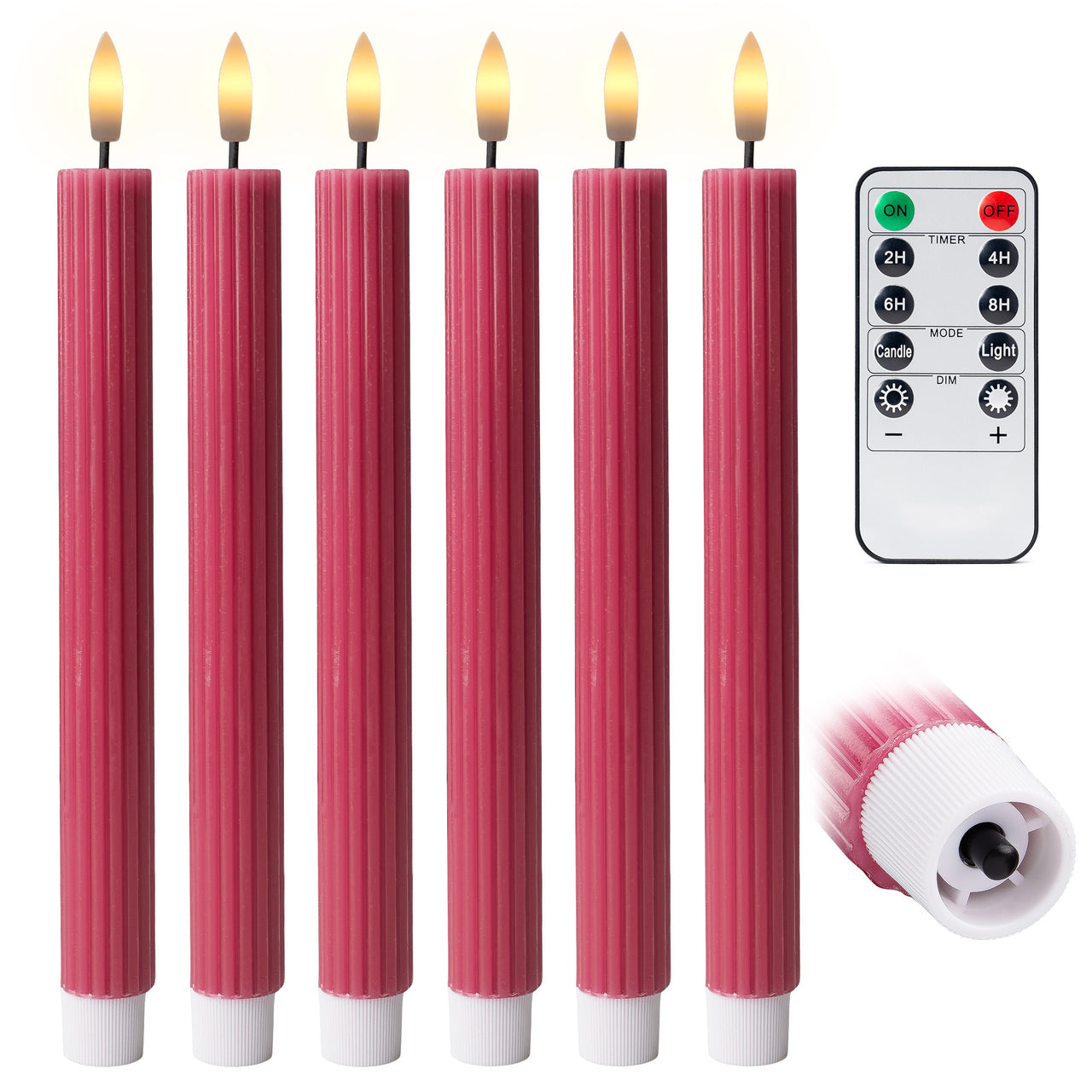 10" Fluted Ribbed LED Blue Grooved Pillar Candles, Remote & 24h Timer Memory, On/Off Switch - (6 Pack)