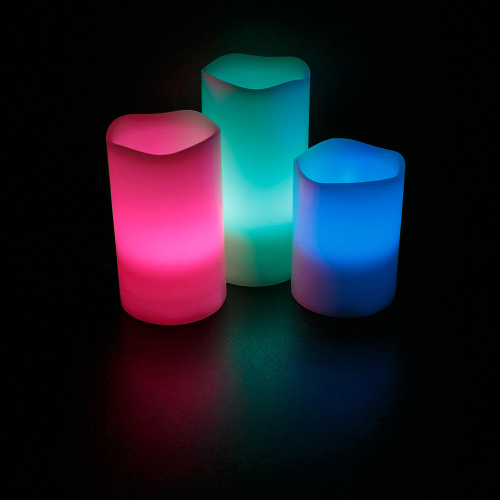 Set of 3 - LED Ivory Flickering Flameless Candles Multicolor Changing with Remote Control Weatherproof - West Ivory LED Lighting 