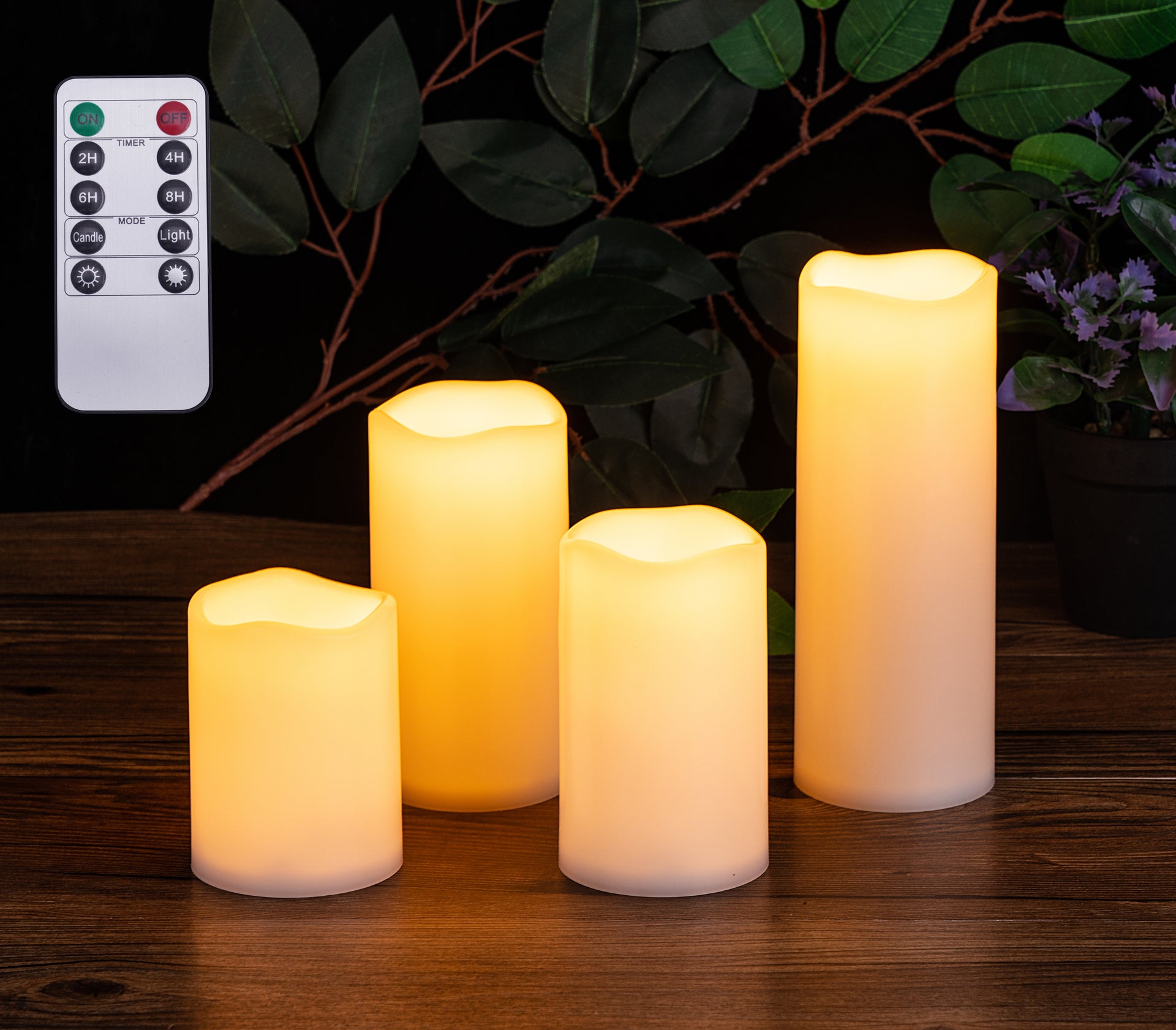 Flameless Timer LED Flickering Candle Set of 4 - Pillar Light Realistic Ivory Warm White Wax Candles Battery Operated - West Ivory LED Lighting 