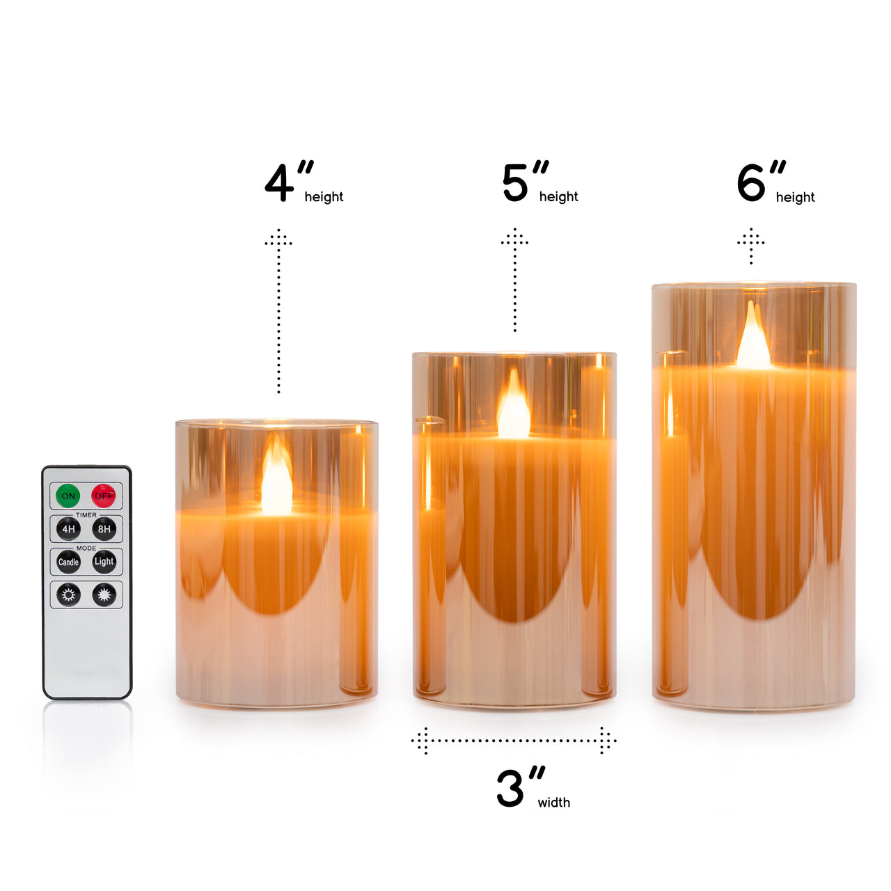 LED GOLD METALLIC MIRRORED TINTED GOLD GLASS FLICKERING DIMMABLE FLAMELESS CANDLES - SET OF 3 WITH REMOTE CONTROL - West Ivory LED Lighting 