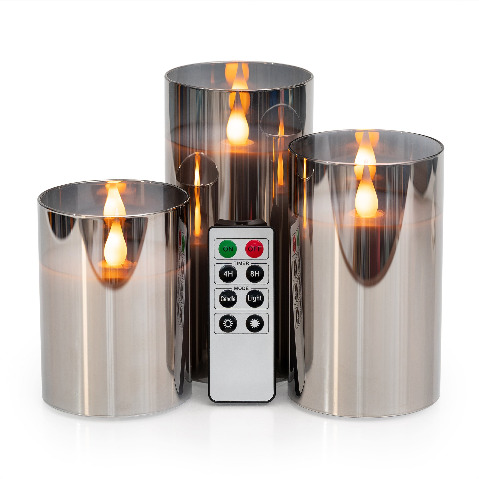 LED METALLIC MIRRORED GLASS FLICKERING FLAMELESS CANDLES - SET OF 3 (4" 5" 6") WITH REMOTE CONTROL - West Ivory LED Lighting 