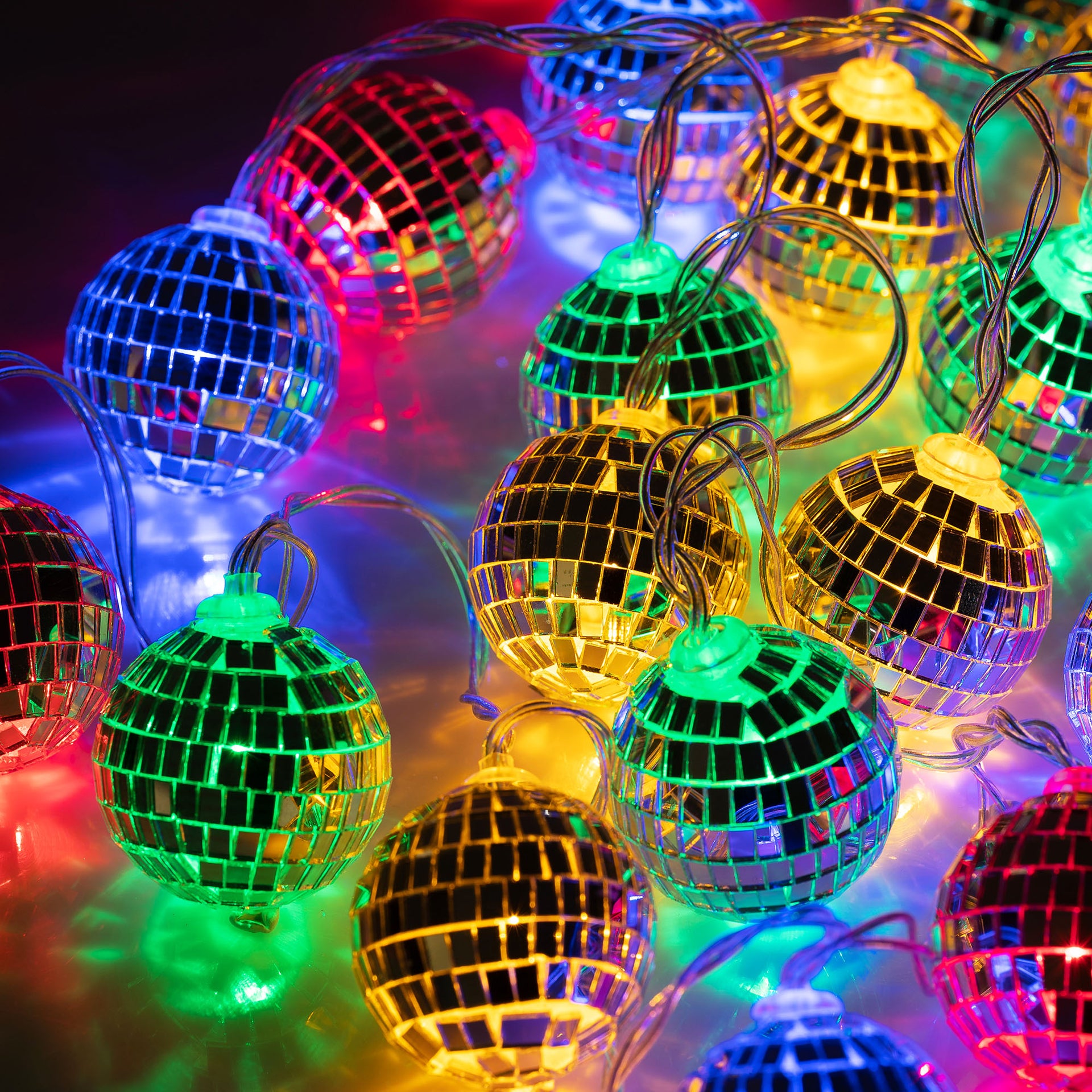 20 LED String Light Mirror Disco Balls Mixed Multi-Colors 10.5 feet Battery Powered - West Ivory LED Lighting 