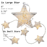 10 LED Hanging Fairy Light 5 Small 1 Large White String Paper Stars w/Metal Frame Battery Powered Warm White - West Ivory LED Lighting 