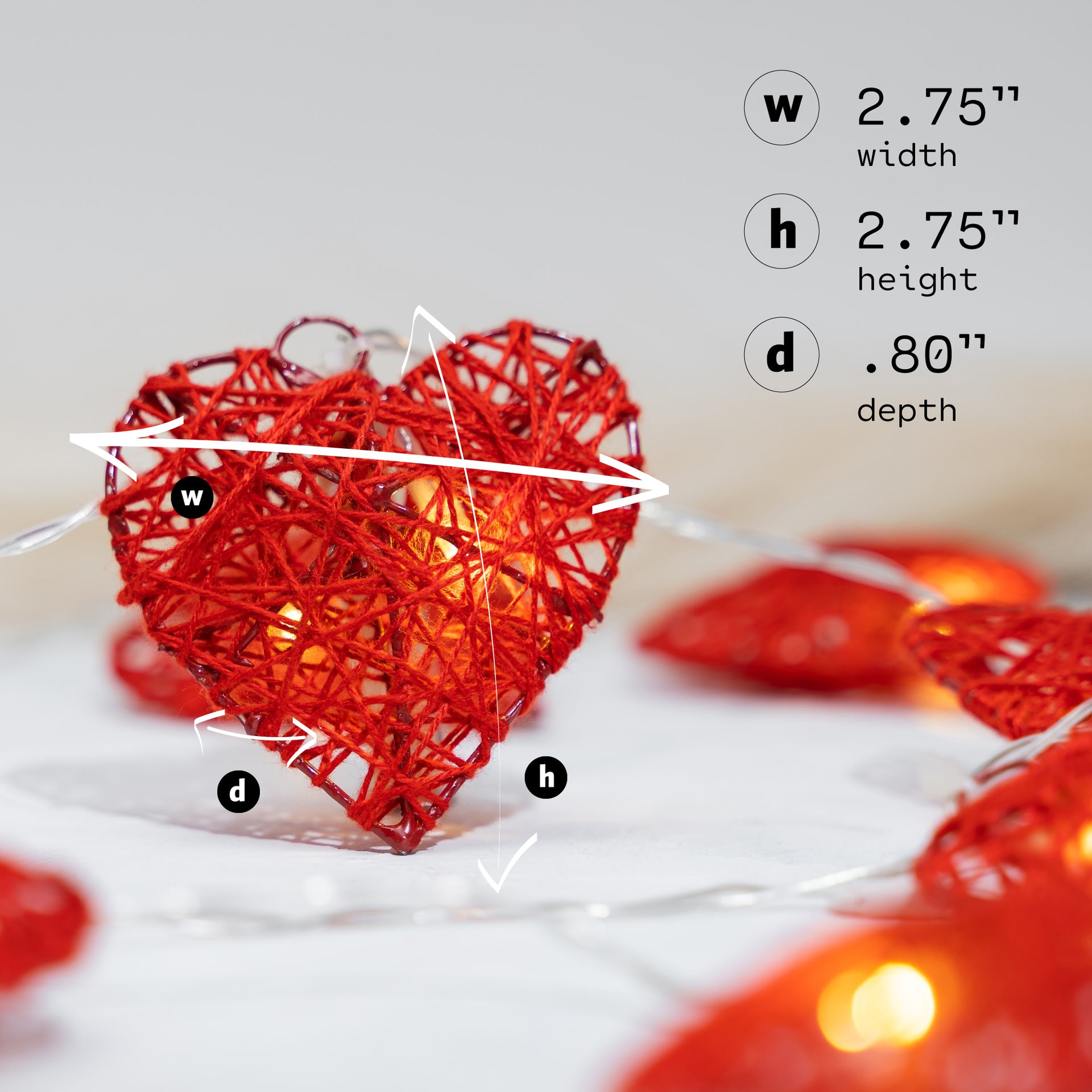 10 LED String Fairy Light 5.5ft Red Twine Hearts w/Metal Frame Battery Powered Warm White - West Ivory LED Lighting 