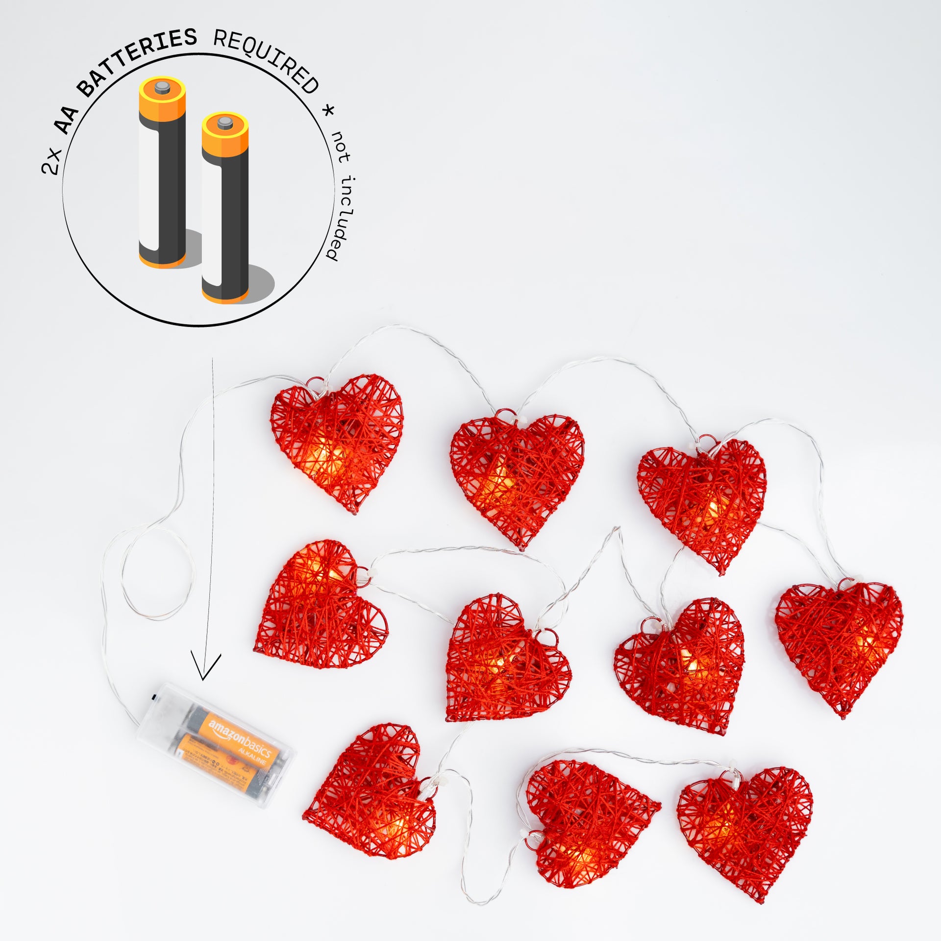 10 LED String Fairy Light 5.5ft Red Twine Hearts w/Metal Frame Battery Powered Warm White - West Ivory LED Lighting 