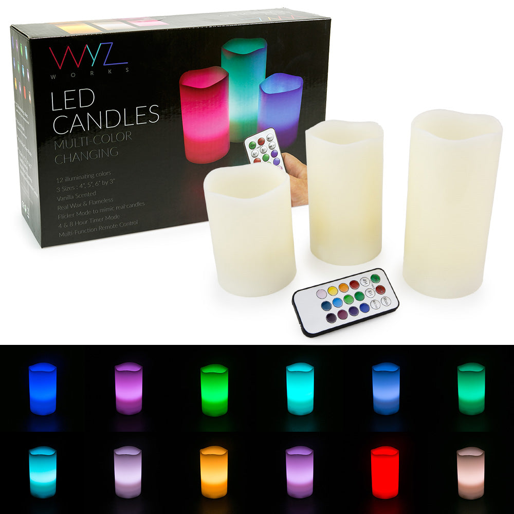 Set of 3 - LED Ivory Flickering Flameless Candles Multicolor Changing with Remote Control Weatherproof - West Ivory LED Lighting 